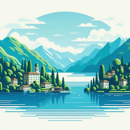 Beautiful landscape of Lake Como, Italy. Vector illustration.のイラスト素材