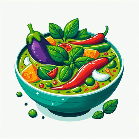 Vector illustration of a bowl of green curry with chili pepper and basilのイラスト素材