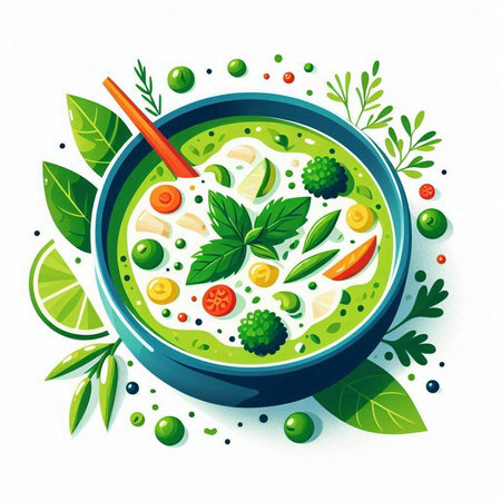 Green soup with vegetables, herbs and spices in a bowl. Vector illustration.のイラスト素材