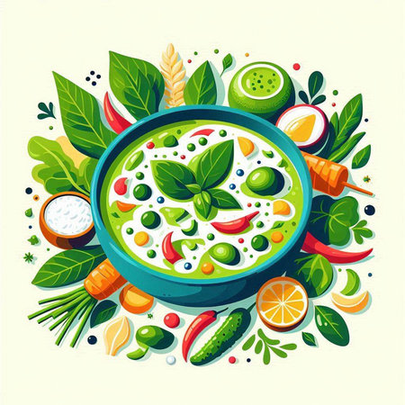 Spinach soup with vegetables and herbs in bowl. Vector illustration.のイラスト素材