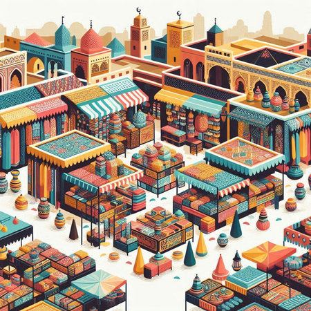 Colorful isometric islamic market with arabic minarets and shops, vector illustrationのイラスト素材