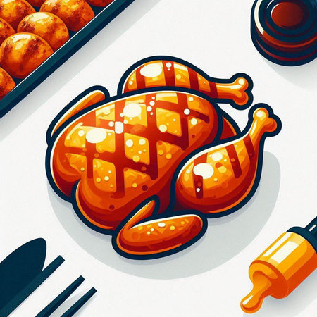 Illustration of roasted chicken on a white background with cutleryのイラスト素材