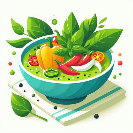 Illustration of a bowl of fresh vegetable soup with basil leaves and pepperのイラスト素材