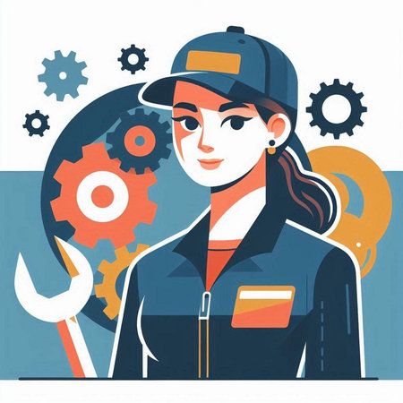 Mechanic woman in uniform and cap. Mechanic woman. Vector illustrationのイラスト素材