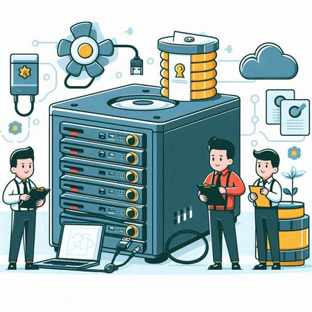 Vector illustration of people working in the big data center. Flat style.のイラスト素材