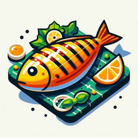 Fish on the table with vegetables. Vector illustration in cartoon style.のイラスト素材