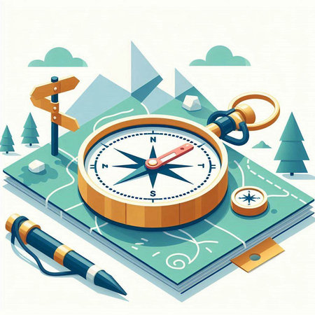 Vector isometric illustration of a map with a compass and a pointerのイラスト素材