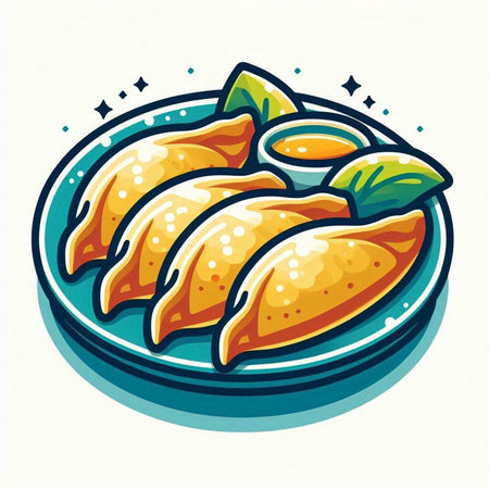 Vector illustration of fried dumplings on plate with sauce in cartoon styleのイラスト素材