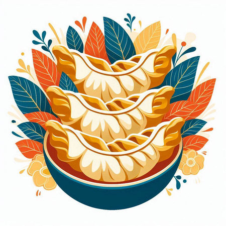 Baklava in a bowl with leaves. Vector illustration.のイラスト素材