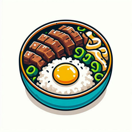 Illustration of japanese rice bowl with beef, egg and vegetablesのイラスト素材