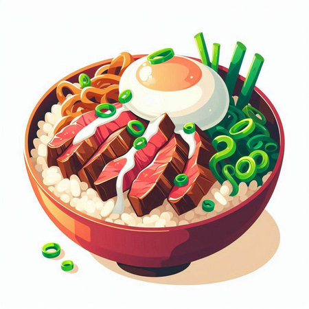 Bowl of rice with meat, egg and vegetables. Vector illustration.のイラスト素材