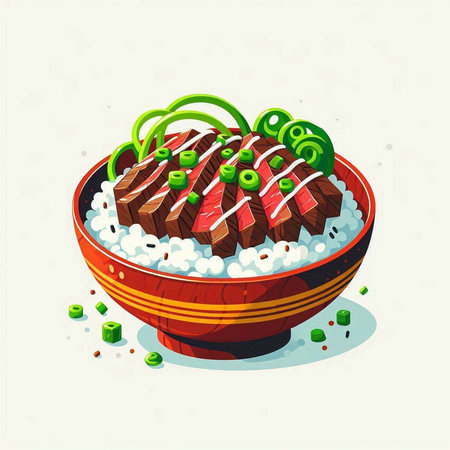 Illustration of a bowl of rice with beef, vegetables and sauceのイラスト素材