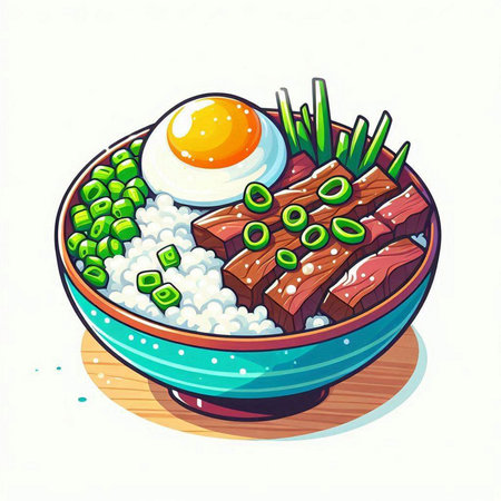 Illustration of a bowl of rice with beef, egg and vegetablesのイラスト素材