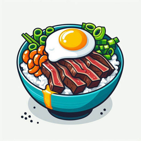 Illustration of japanese rice bowl with beef and fried eggのイラスト素材