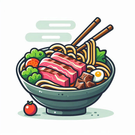 Japanese ramen noodle in a bowl with chopsticks. Vector illustration.のイラスト素材