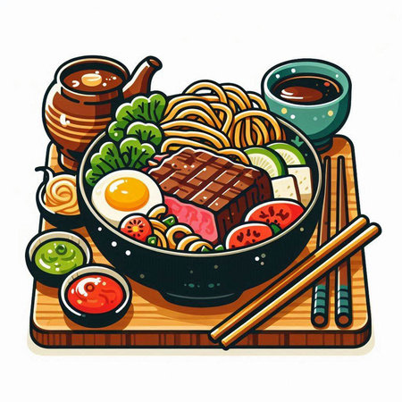 Illustration of Japanese ramen with chopsticks, vegetables and meatのイラスト素材