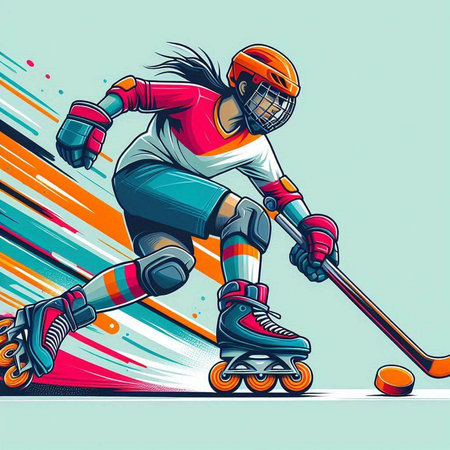 Hockey player vector illustration. Colorful background with sport elements.のイラスト素材