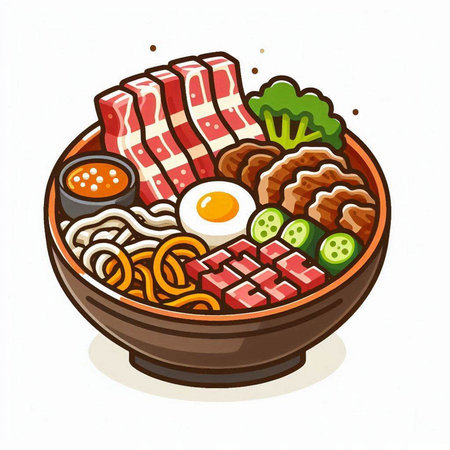 Noodle bowl with meat, vegetables and egg. Vector illustration.のイラスト素材