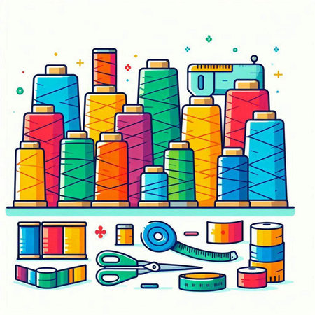 Sewing tools and accessories. Vector illustration in line art style.のイラスト素材