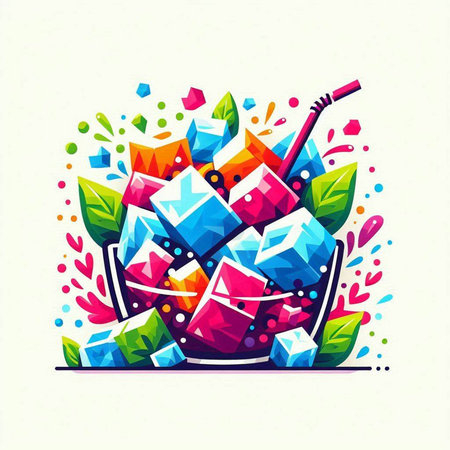 Colorful ice cubes in a bowl with straw. Vector illustration.のイラスト素材