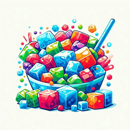 Colorful cartoon ice cubes in a bowl with a spoon. Vector illustration.のイラスト素材