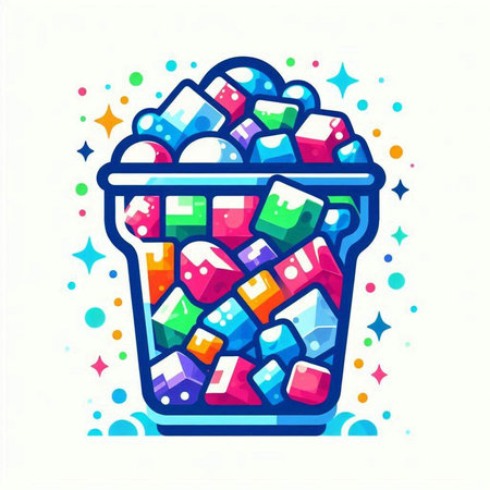 Colorful vector illustration of a bucket full of colorful cubes on a white background.のイラスト素材