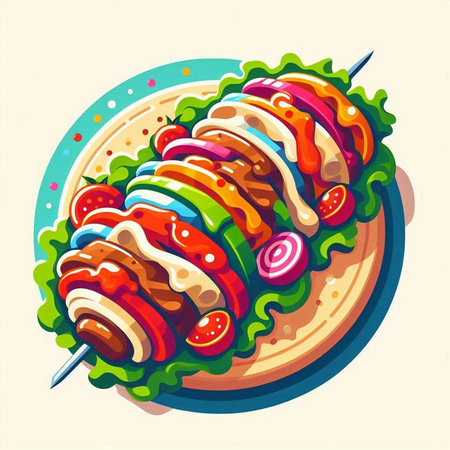 Illustration of hot dog with vegetables on plate. Vector illustration.のイラスト素材