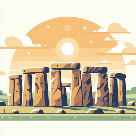 Stonehenge at sunset, England, vector illustration in retro styleのイラスト素材