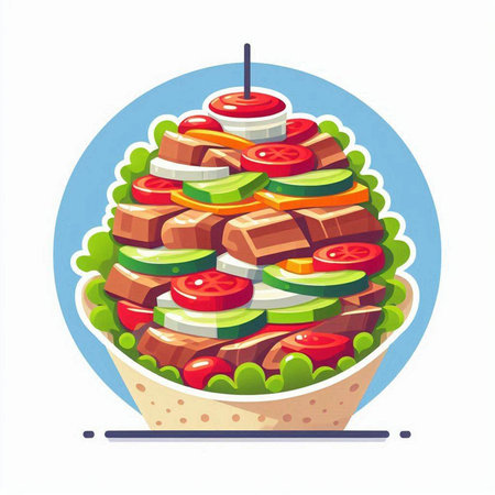 Salad with meat and vegetables. Vector illustration in cartoon style.のイラスト素材