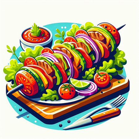 Shish kebab with vegetables on a wooden board. Vector illustrationのイラスト素材