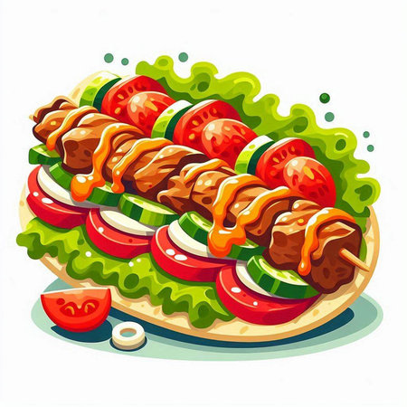 Illustration of kebab with tomato, cucumber and lettuceのイラスト素材