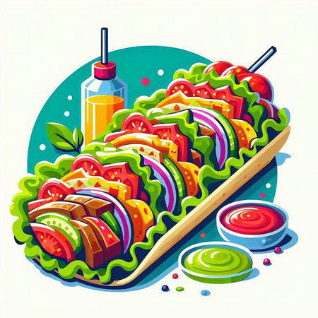 Vector illustration of kebab with lettuce, tomato and onion.のイラスト素材
