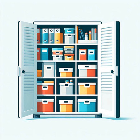 Open bookcase with books and folders. Vector illustration in cartoon styleのイラスト素材