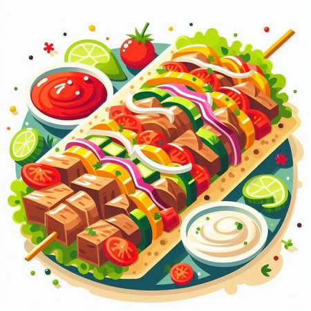 Shish kebab on skewers with vegetables. Vector illustrationのイラスト素材