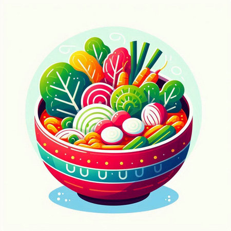 Vegetable salad in bowl. Vector illustration. Eps 10.のイラスト素材