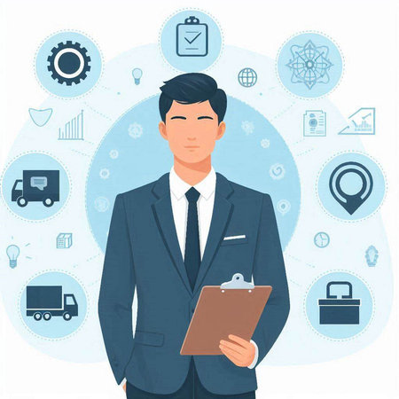 Businessman with clipboard and icons. Vector illustration in flat style.のイラスト素材