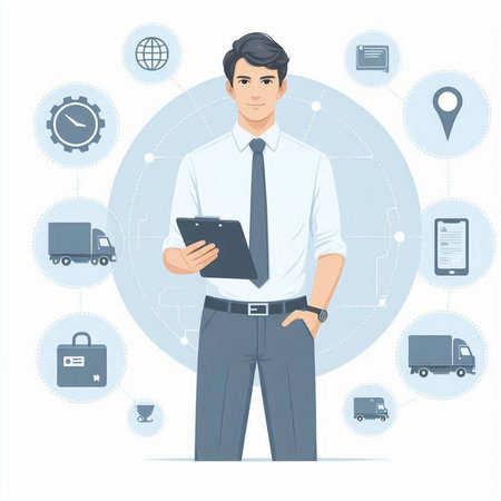 Businessman with clipboard and icons. Vector illustration in flat style.のイラスト素材