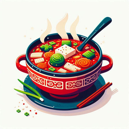 Illustration of a bowl of chinese soup with tofu and vegetablesのイラスト素材
