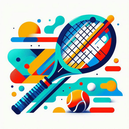 Tennis racket and ball on abstract colorful background. Vector illustration.のイラスト素材
