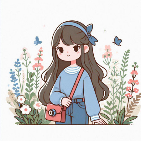Illustration of a cute little girl with a camera in her handのイラスト素材