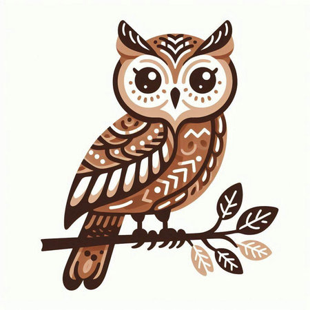 Owl on a branch with leaves. Hand-drawn vector illustration.のイラスト素材