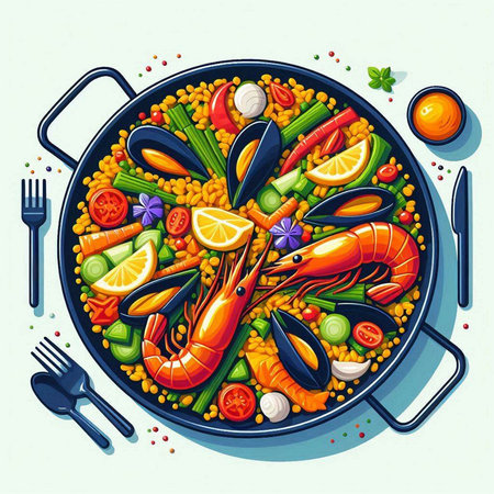 Seafood soup in frying pan with vegetables. Vector illustration.のイラスト素材