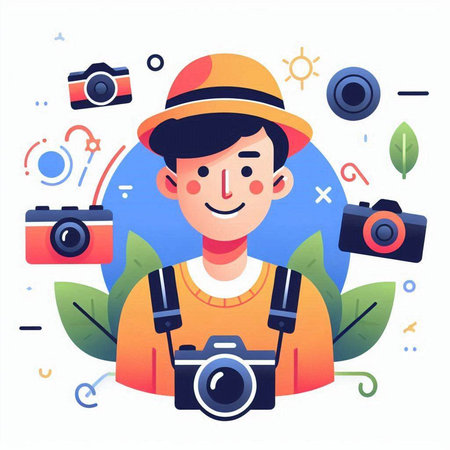 Young man photographer with camera. Vector illustration in flat cartoon style.のイラスト素材