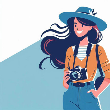 Girl in hat with a camera. Retro style. Vector illustration.のイラスト素材