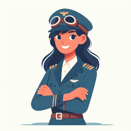 Smiling female pilot in uniform. Vector illustration in cartoon style.のイラスト素材