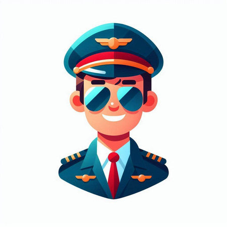 Smiling pilot in uniform and sunglasses. Vector illustration in flat styleのイラスト素材