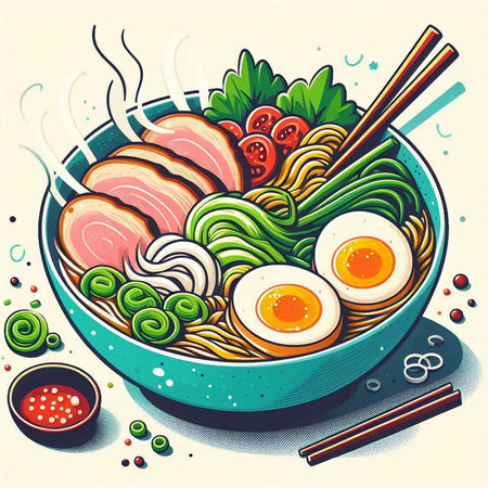 Illustration of a bowl of ramen noodles with egg and chopsticksのイラスト素材