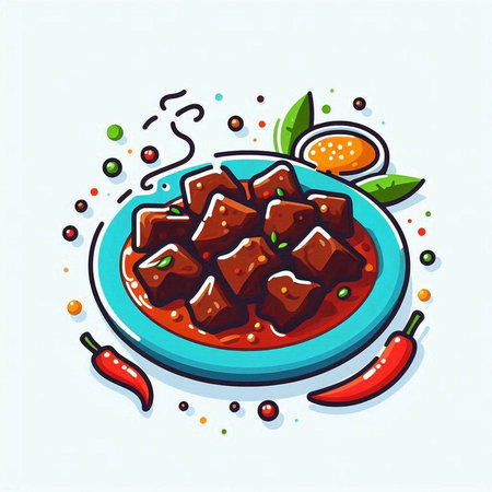 Illustration of a bowl of beef meatballs on a plate with chilli pepper.のイラスト素材