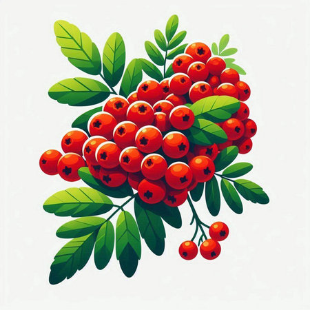 Bunch of rowan berries with green leaves. Vector illustration.のイラスト素材