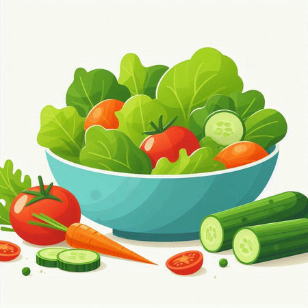 Vegetable salad in a bowl with vegetables. Vector illustration.のイラスト素材